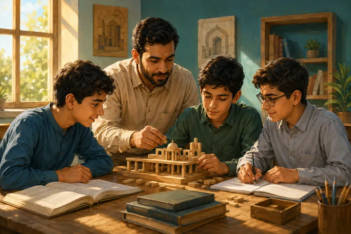 رسم تعبيري: معلّم وطلاب ذكور في نشاط تعليمي