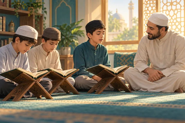 رسم تعبيري: معلم وفتية يتعلمون القرآن ويحفظونه